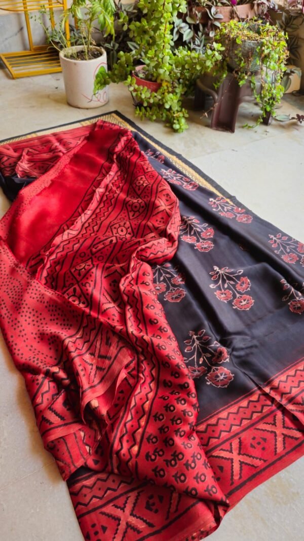 Hand Block Natural Ajrak On Pure Modal Silk Saree