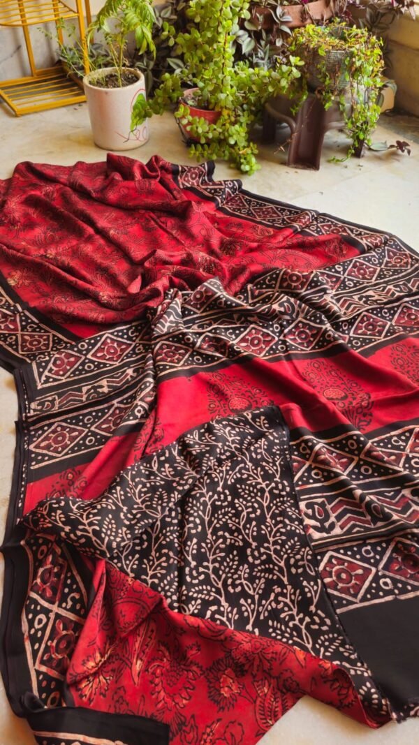 Hand Block Natural Ajrak On Pure Modal Silk Saree