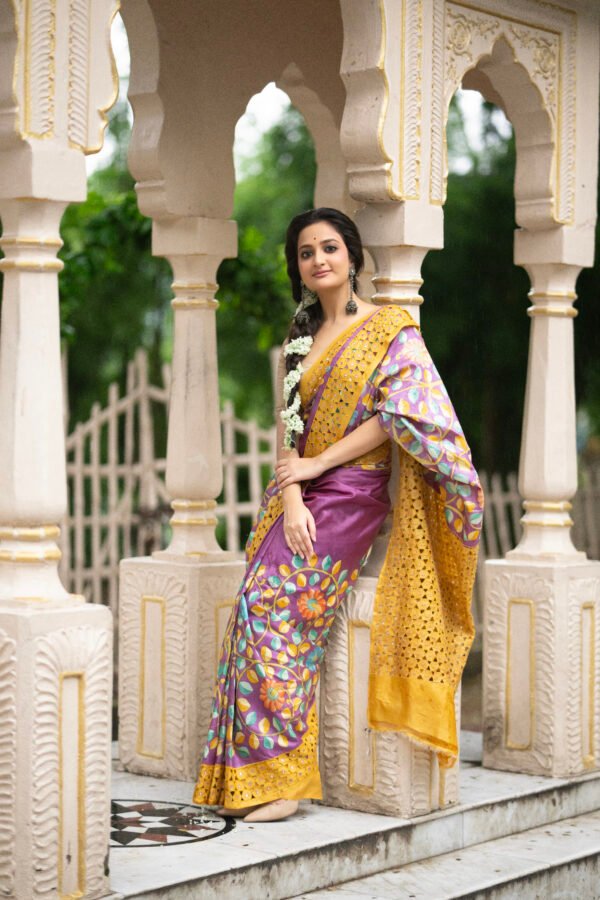 Kalamkari Uncut (yellow and purple) - SAAJINDIA Kalamkari Uncut (yellow and purple)
