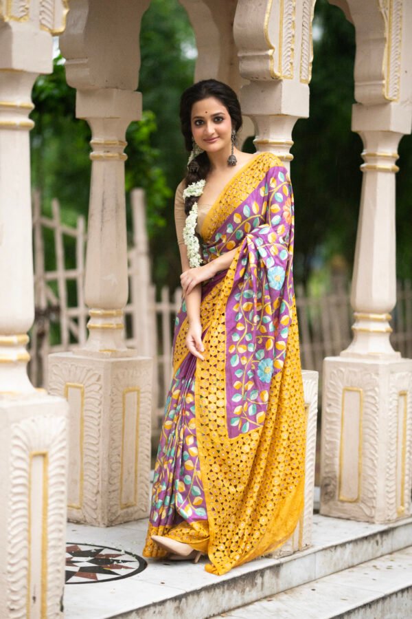 Kalamkari Uncut (yellow and purple) - SAAJINDIA Kalamkari Uncut (yellow and purple)