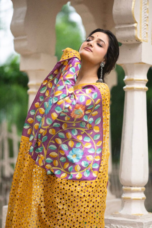 Kalamkari Uncut (yellow and purple) - SAAJINDIA Kalamkari Uncut (yellow and purple)